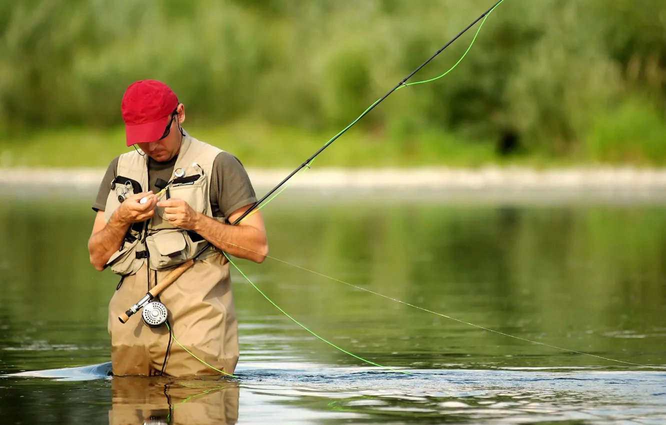 Photo wallpaper NATURE, WATER, RED, RIVER, MOOD, COSTUME, EQUIPMENT, FLY fishing