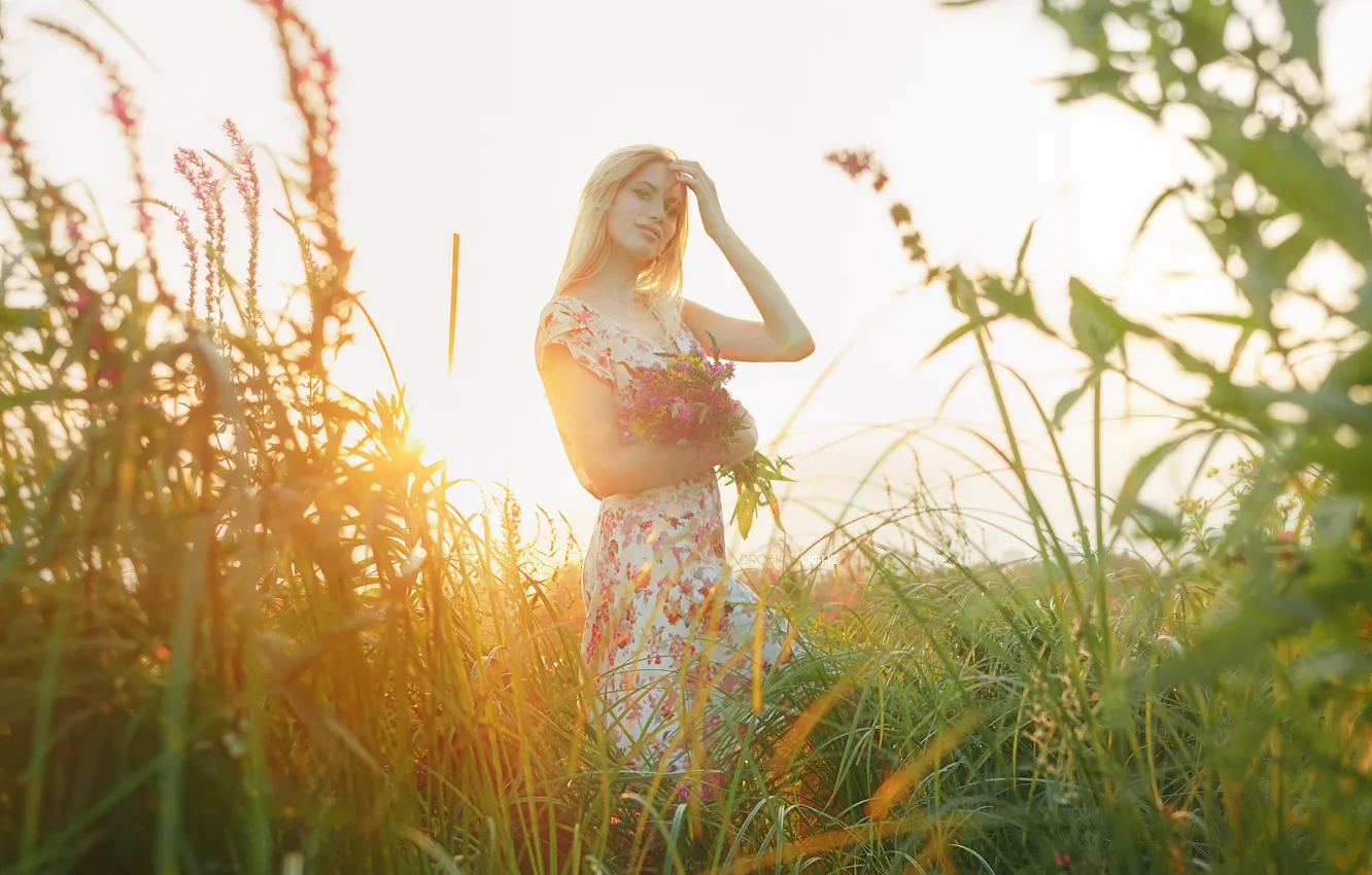 Photo wallpaper grass, look, girl, the sun, light, dress, flowers, Alexander Drobkov-Light