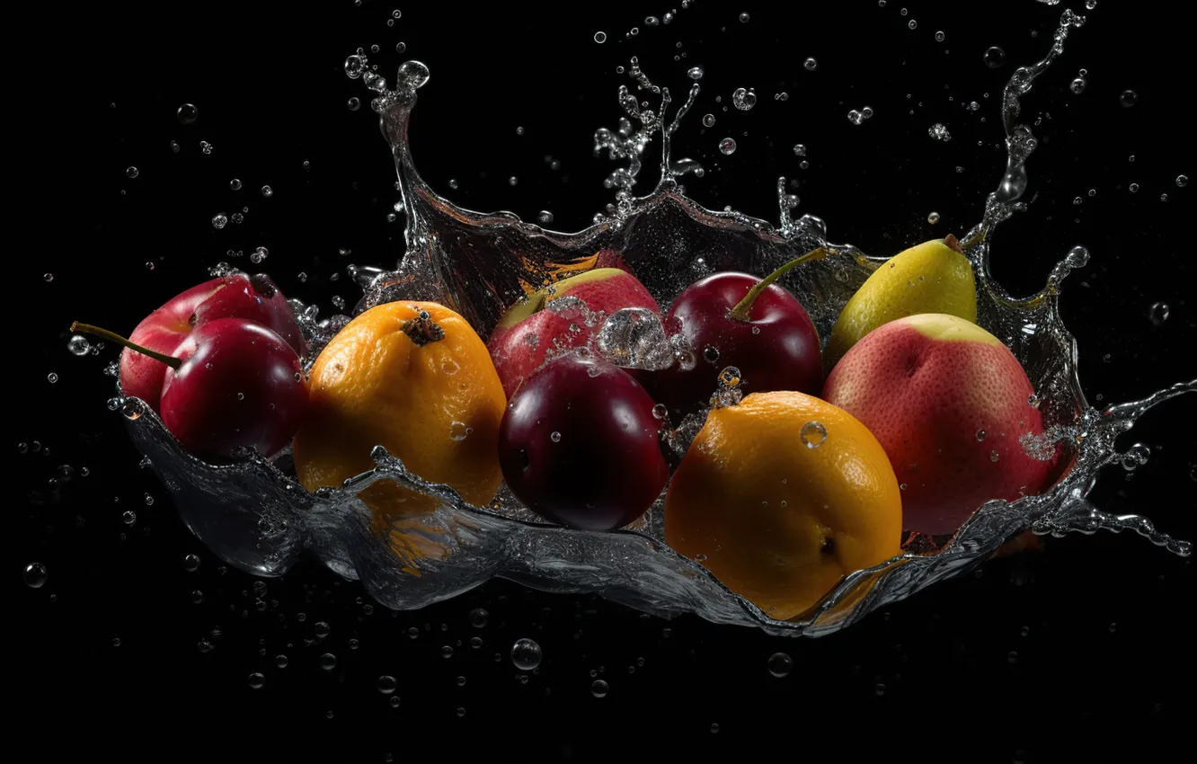 Photo wallpaper water, fruit, different, cuts, digital art, AI art, The Art of Artificial Intelligence, vslesk