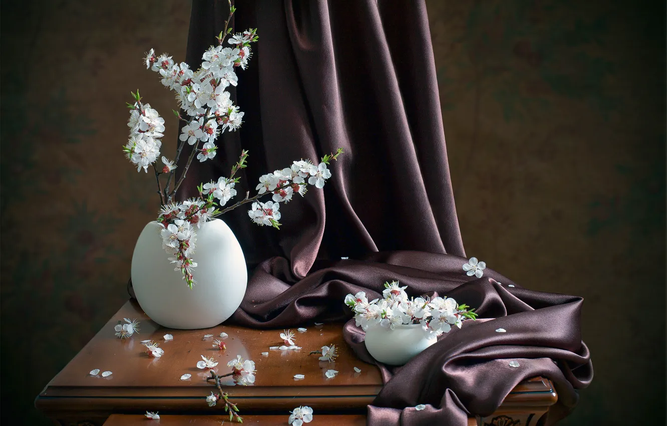 Photo wallpaper branches, table, apricots, vase, curtain