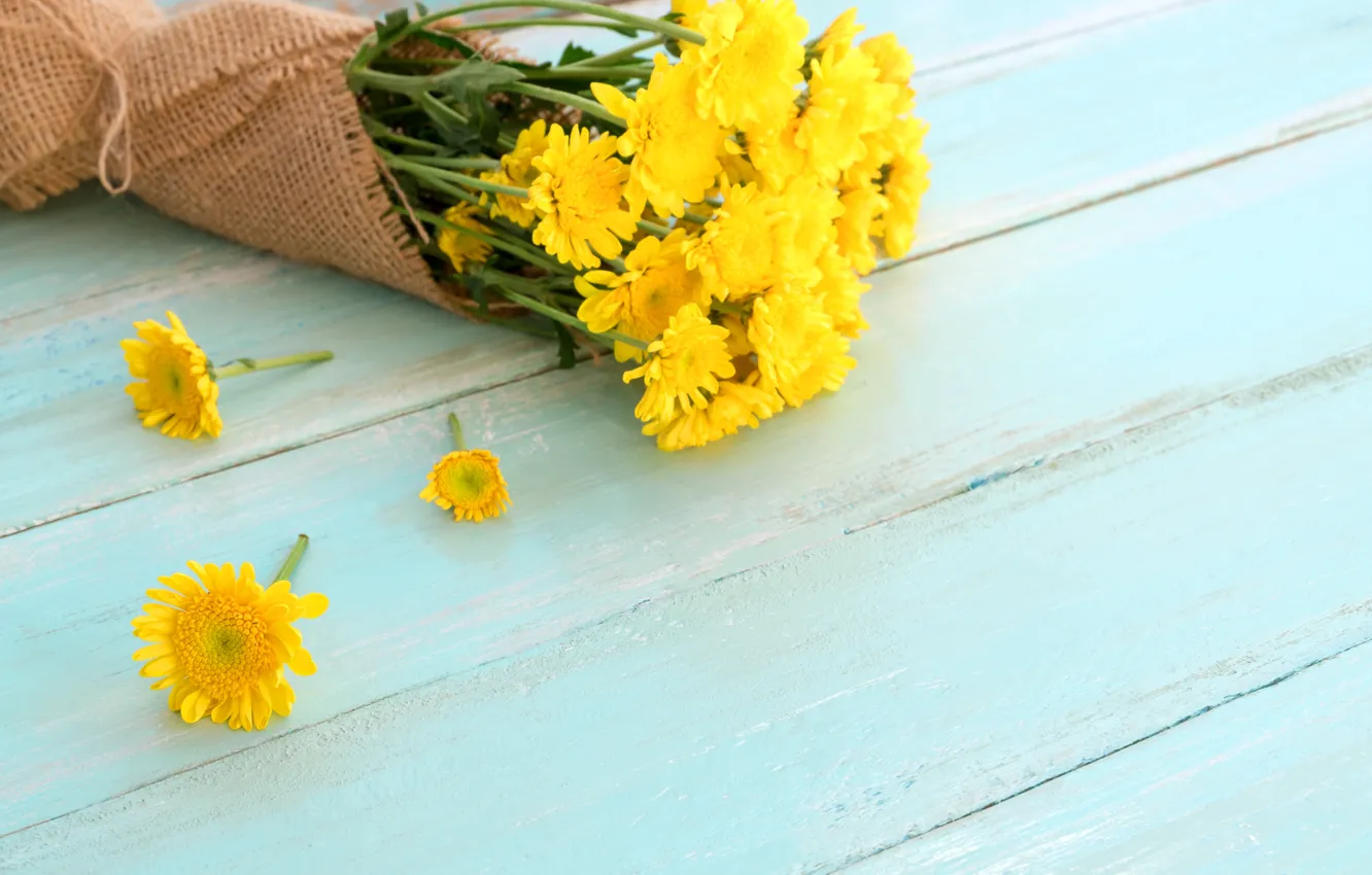 Photo wallpaper flowers, bouquet, spring, yellow, chrysanthemum, yellow, wood, flowers