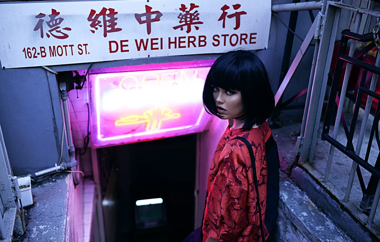 Photo wallpaper look, girl, the descent, model, neon, brunette, sign, wig