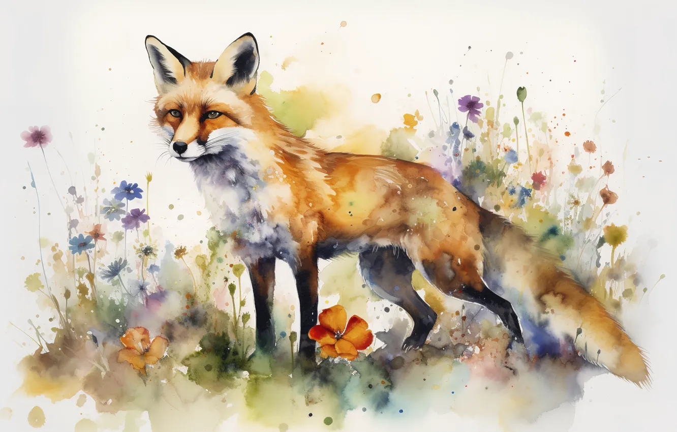 Photo wallpaper look, nature, picture, watercolor, Fox, painting, face, imitation of watercolor