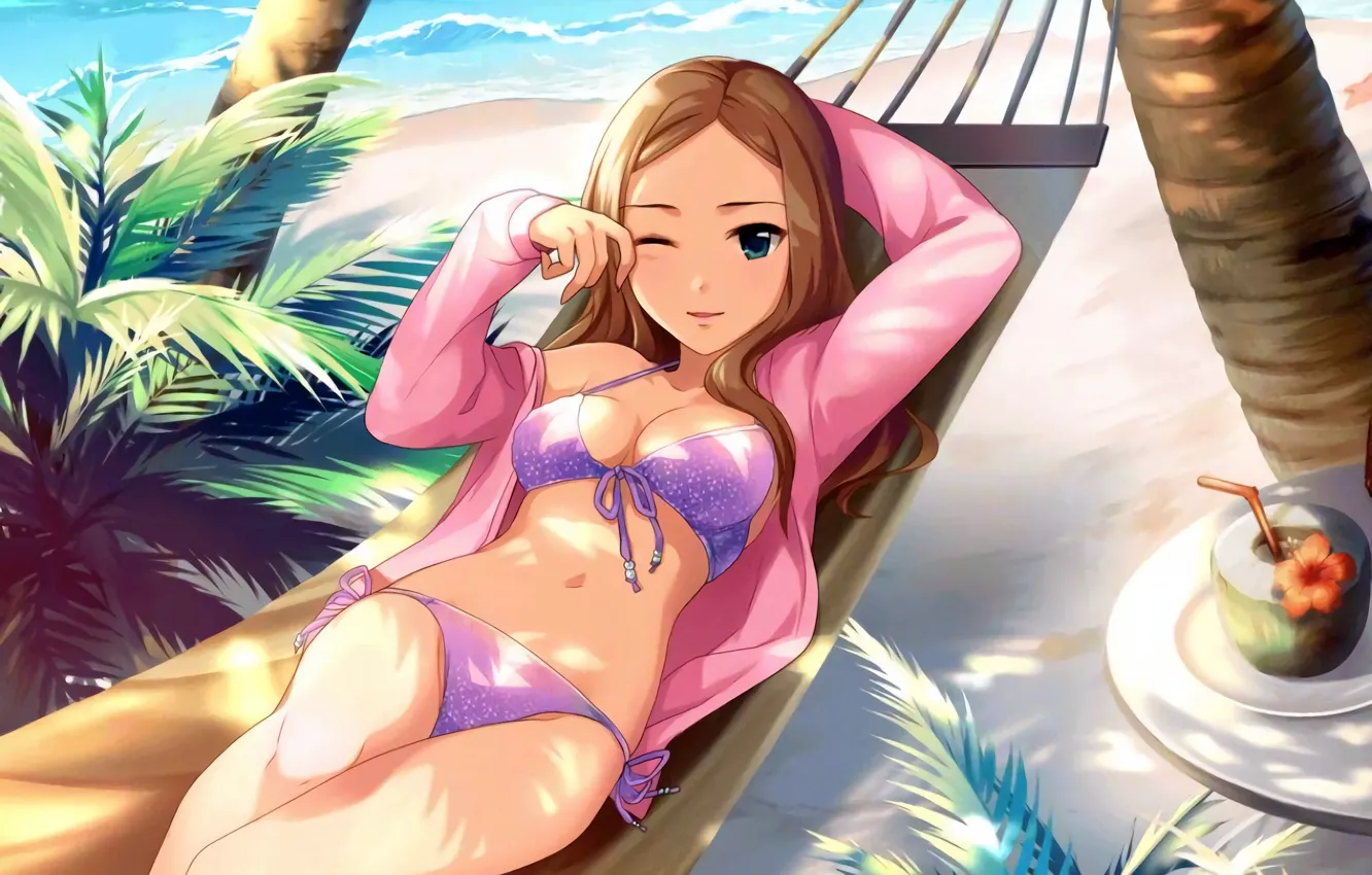 Photo wallpaper girl, sexy, cleavage, beach, long hair, sea, brown hair, boobs