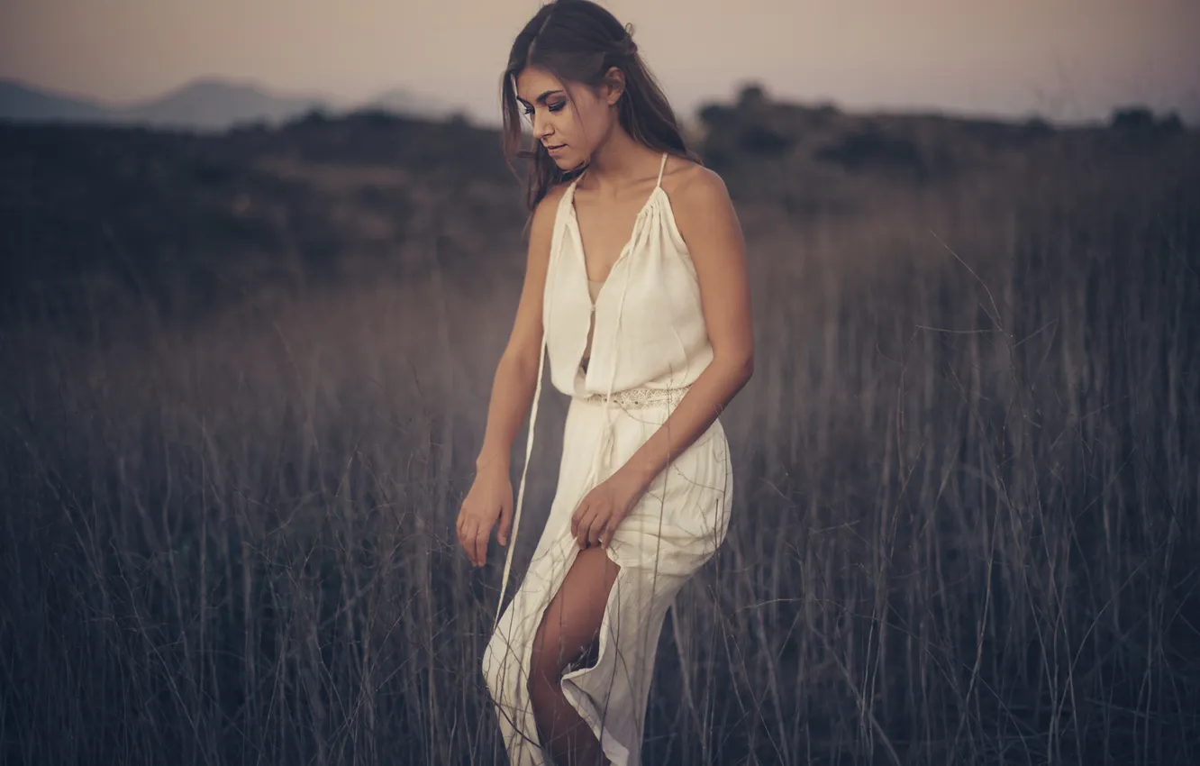 Photo wallpaper field, grass, girl, dress