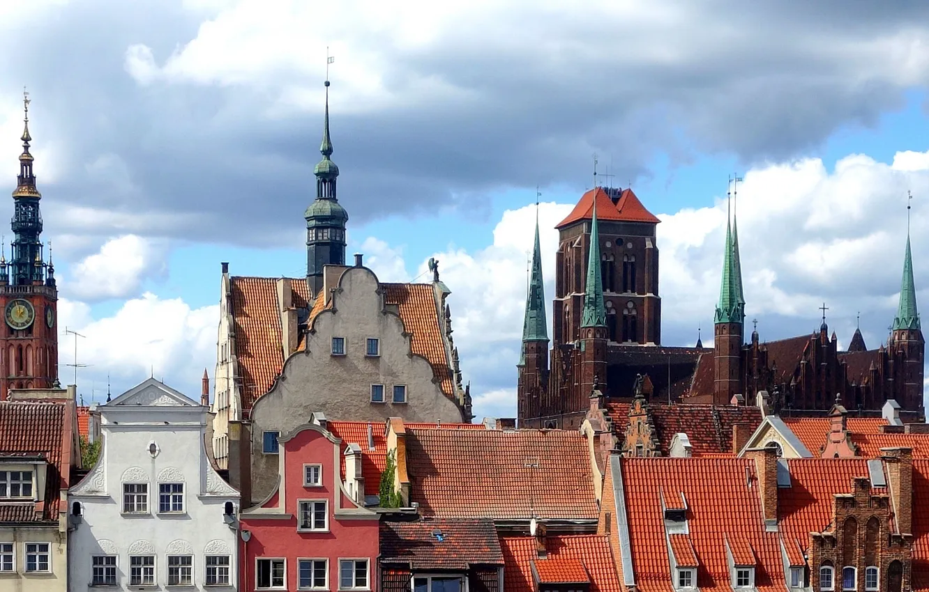 Photo wallpaper roof, the sky, clouds, watch, tower, home, Poland, Gdansk