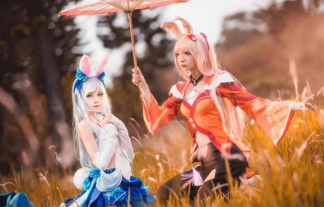 Photo wallpaper grass, pose, model, Asian, beauty, model, beauty, cosplay