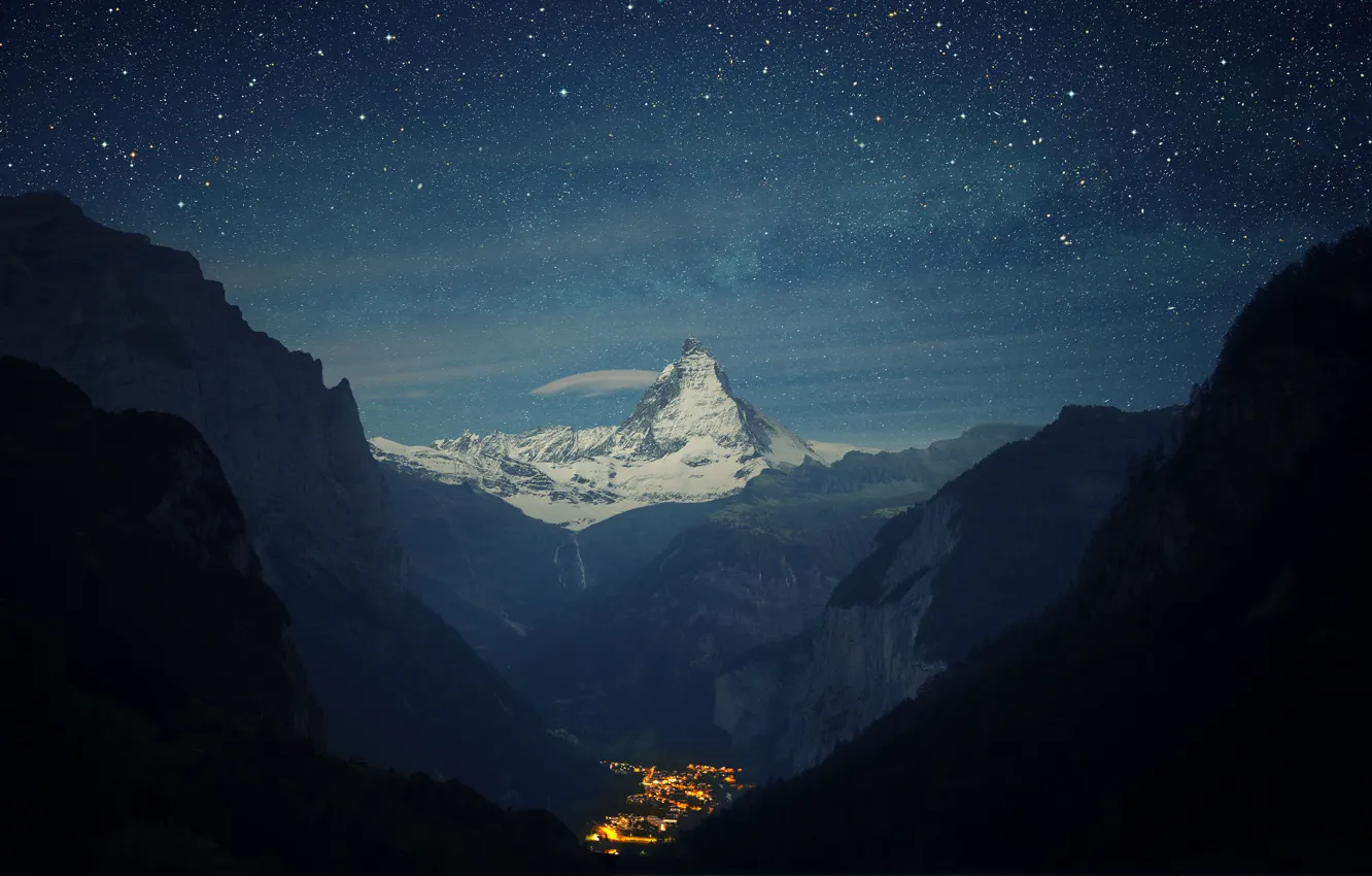Photo wallpaper mountains, night, valley, town, Switzerland, Alps, Matterhorn, the Lauterbrunnen valley