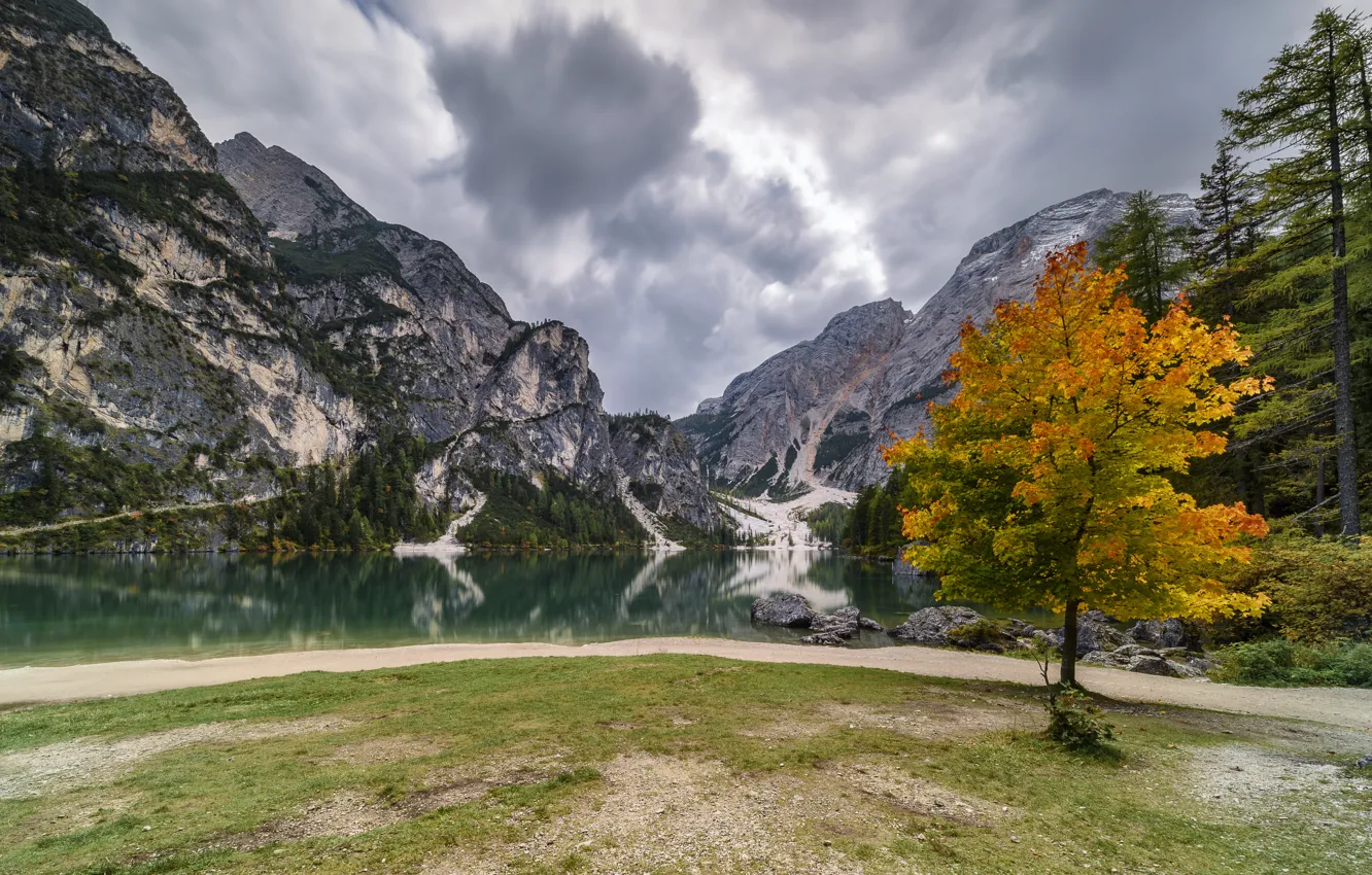 Photo wallpaper autumn, clouds, trees, mountains, lake, shore, Alps