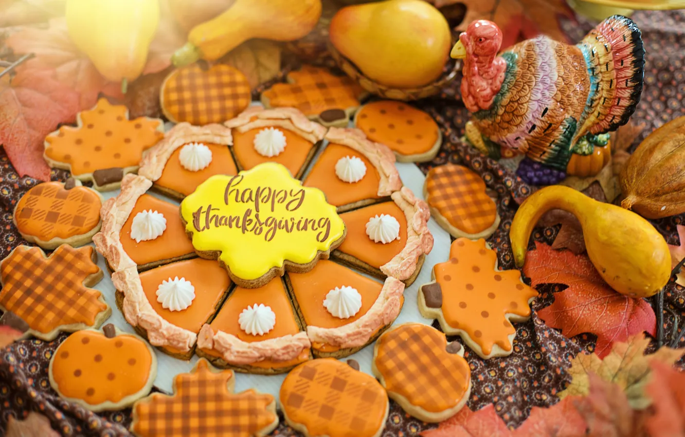 Photo wallpaper autumn, the inscription, bird, cell, cookies, fruit, pie, fabric