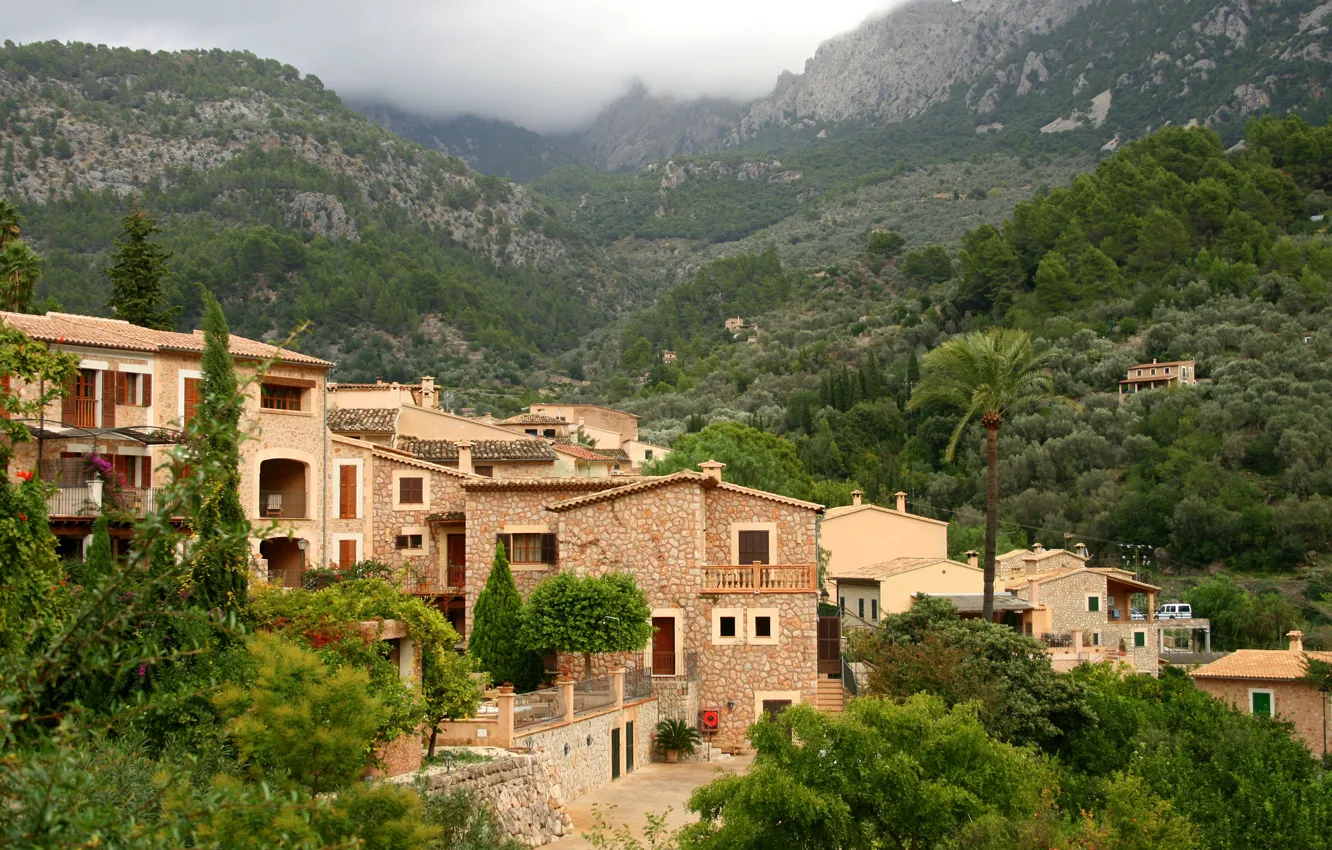 Photo wallpaper forest, trees, mountains, home, valley, Spain, Mallorca, Fornalutx