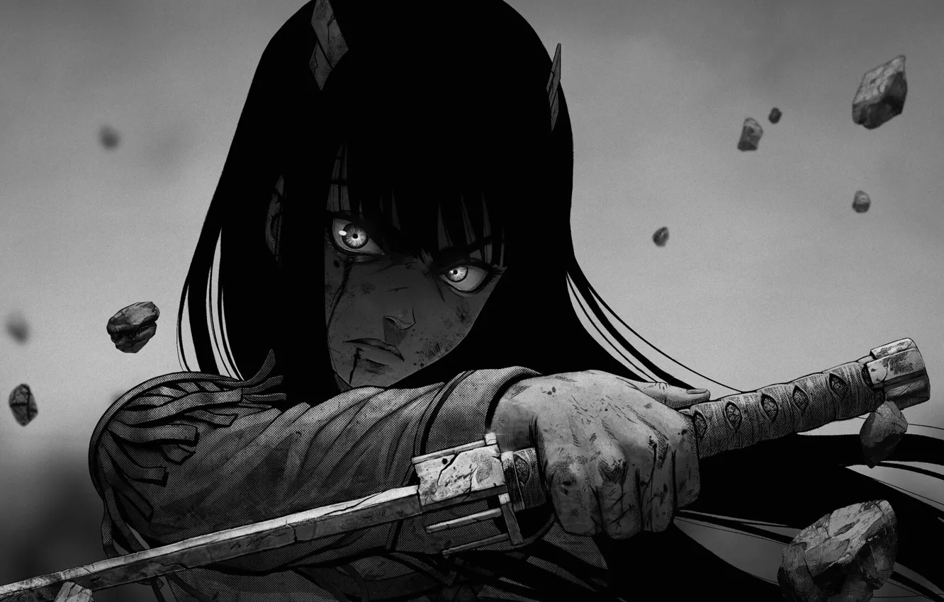 Photo wallpaper katana, blade, scratches, burning eyes, blood on the lips, evil eye, abrasion, kill la kill