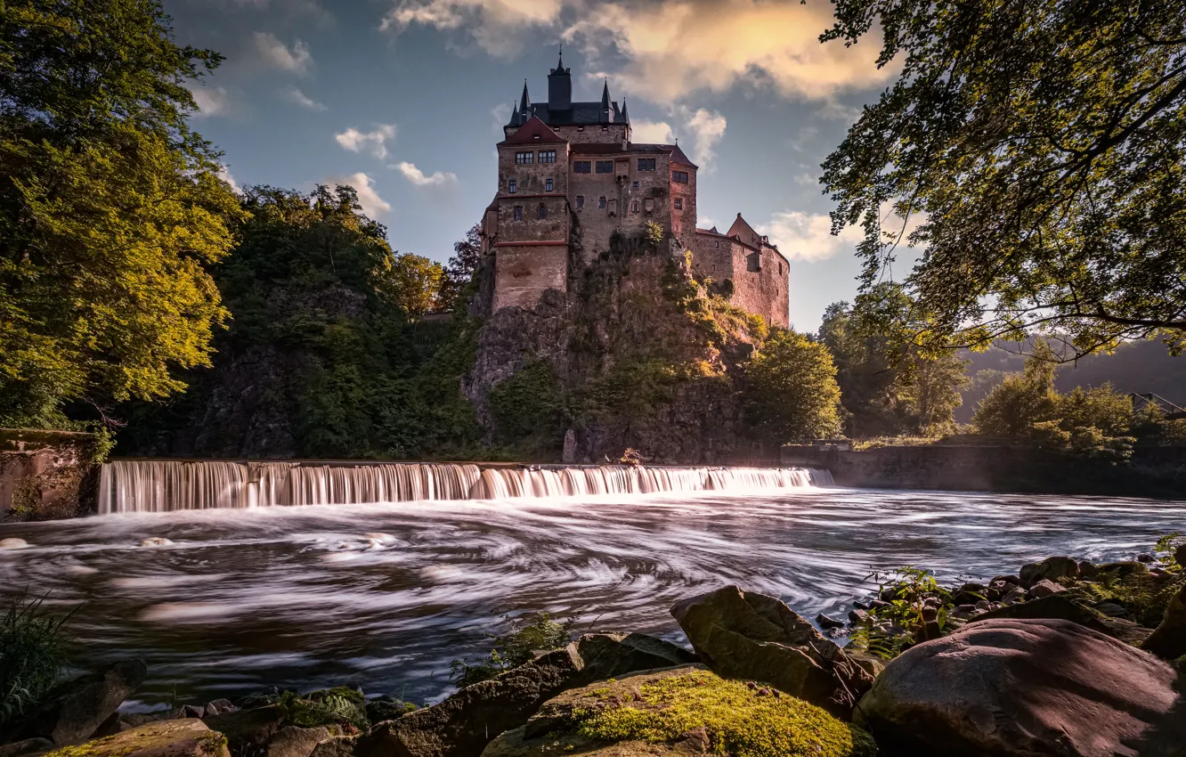 Photo wallpaper trees, rock, river, stones, castle, Germany, Germany, Saxony
