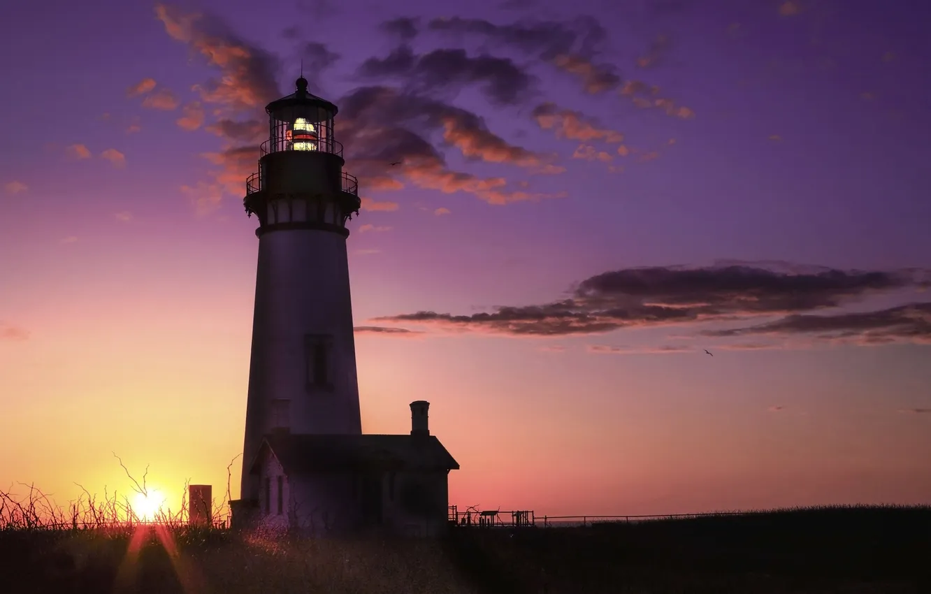 Photo wallpaper the sky, the sun, clouds, rays, lights, dawn, shore, lighthouse