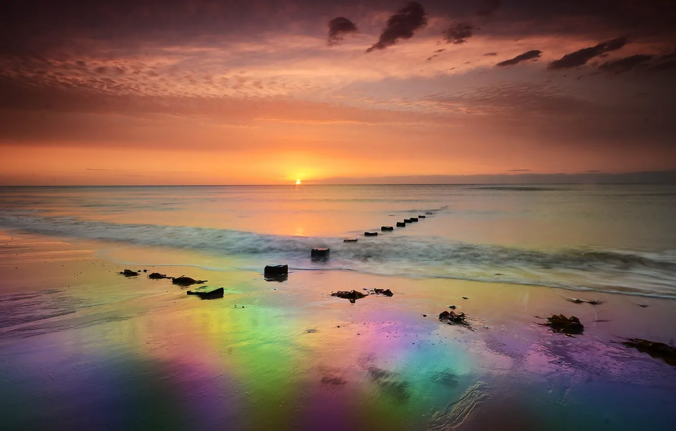 Photo wallpaper sea, beach, the sun, dawn