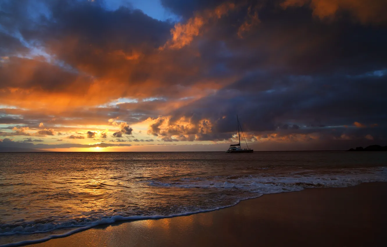Photo wallpaper sea, the sky, the sun, clouds, sunset, coast, yacht, horizon