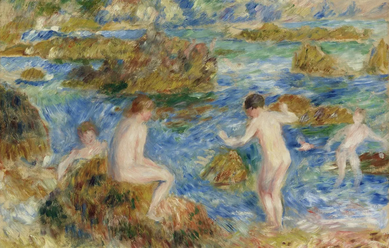 Photo wallpaper picture, genre, 1883, Pierre Auguste Renoir, Pierre Auguste Renoir, Nude Boys among the Rocks in …
