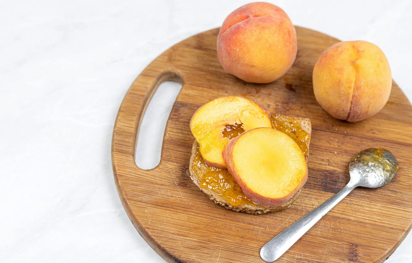 Photo wallpaper honey, Board, fruit, sandwich, peaches
