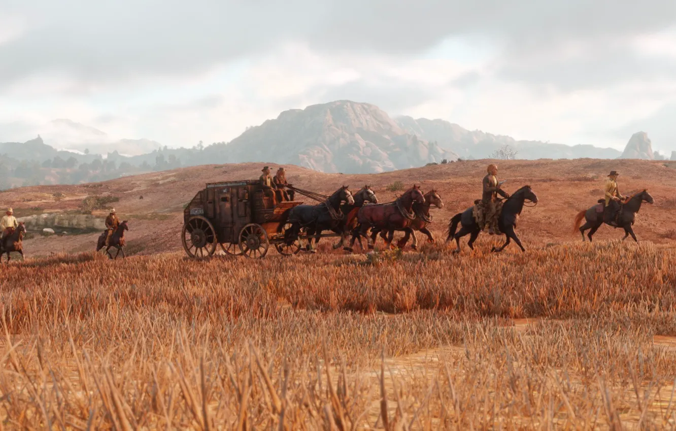 Photo wallpaper horse, art, coach, the convoy, Red Dead Redemption 2, wild West