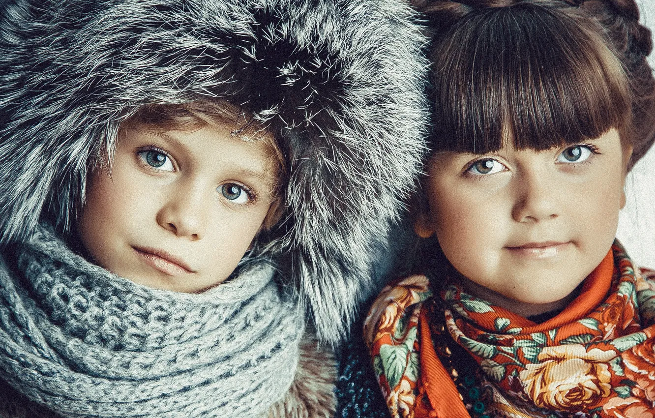 Photo wallpaper winter, children, smile, hat, Russian winters
