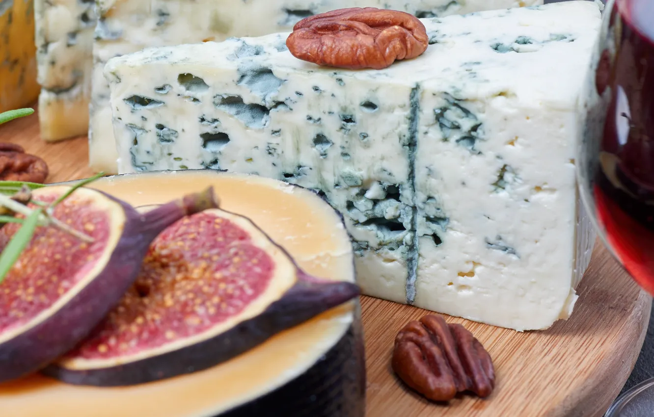 Photo wallpaper greens, cheese, bread, grapes, nuts, figs