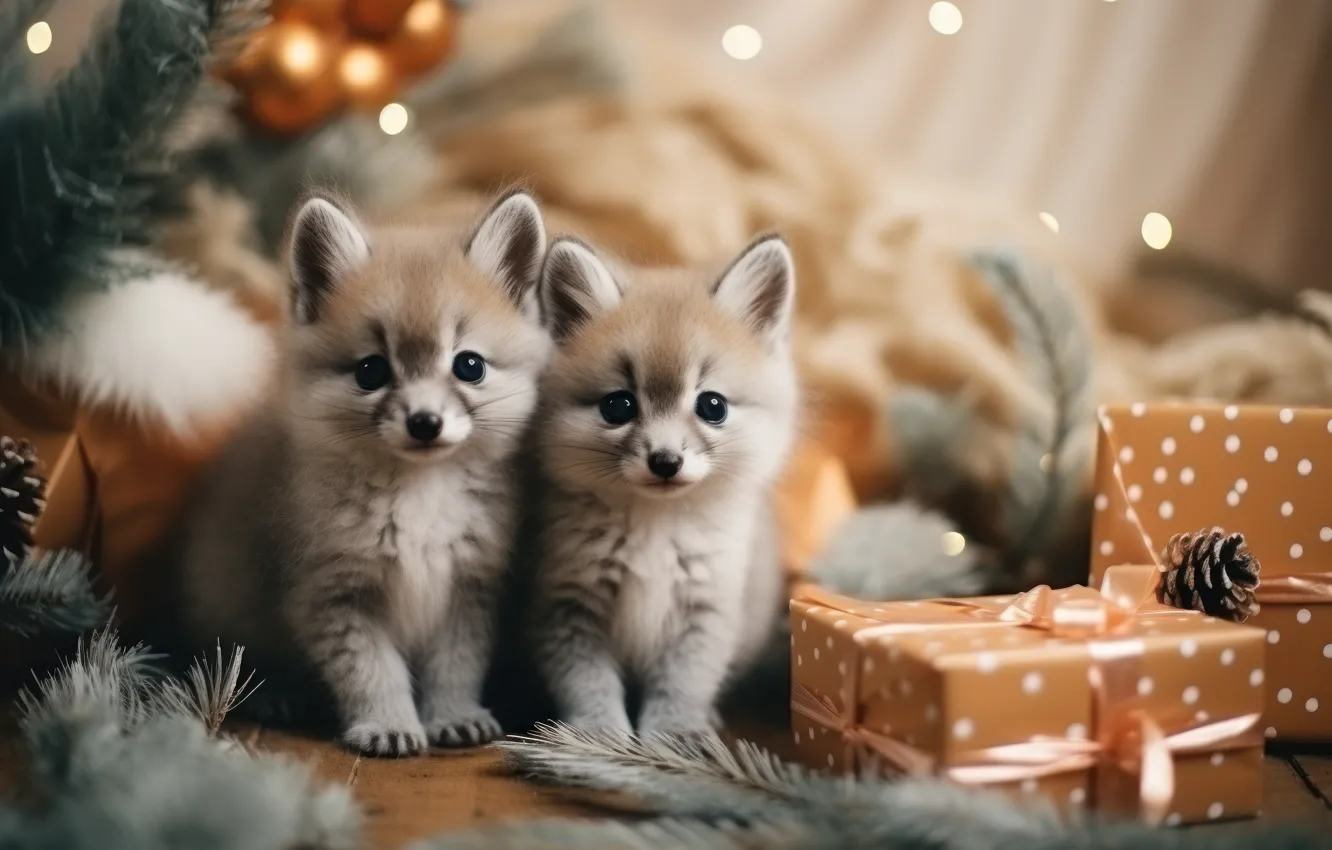 Photo wallpaper look, balls, branches, gift, sweetheart, new year, blur, baby