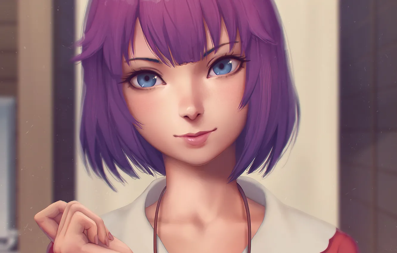 Photo wallpaper girl, face, smile, anime, art, Hitagi Senjougahara, Monogatari