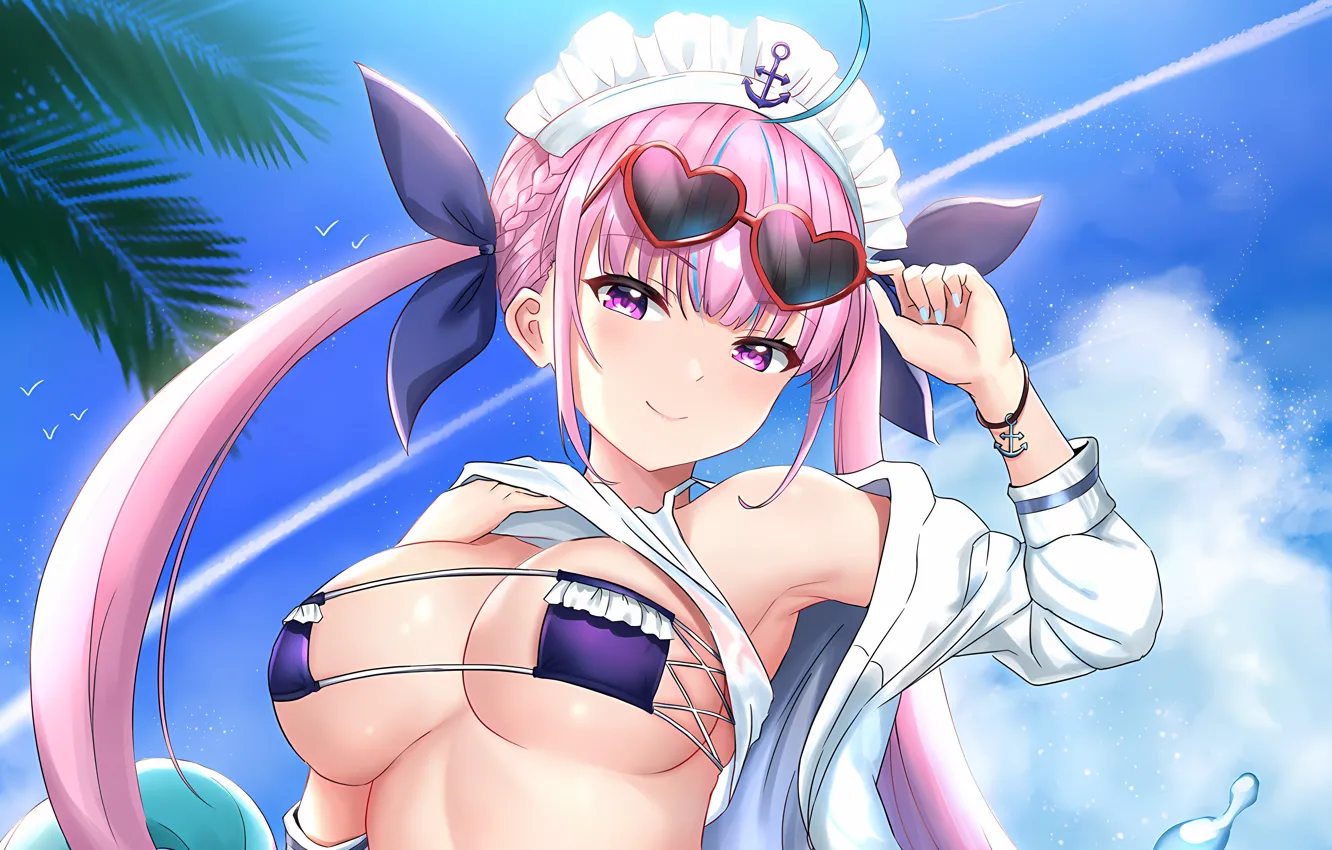 Photo wallpaper girl, sexy, cleavage, pink hair, sky, long hair, boobs, anime