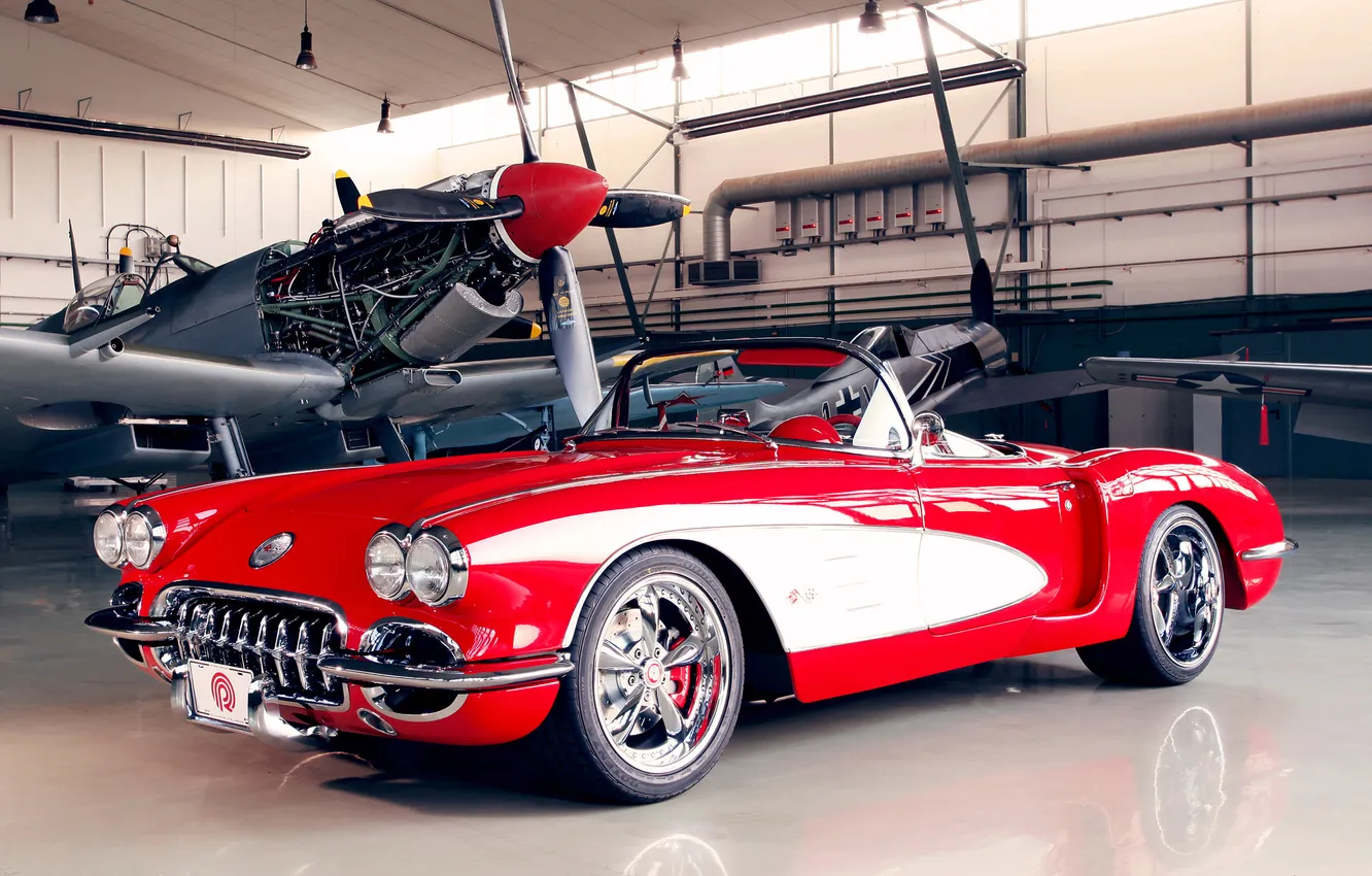 Photo wallpaper car, red, Corvette, Chevrolet, hangar, the plane, car, 2012
