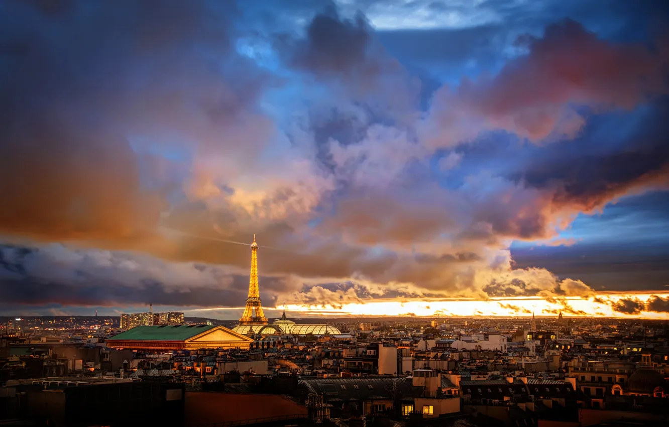 Photo wallpaper the sky, clouds, sunset, dawn, France, Paris, home, dal