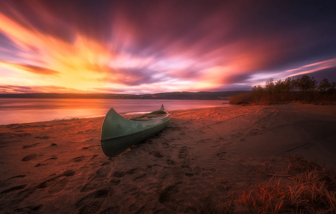 Photo wallpaper beach, sunset, Norway, canoe