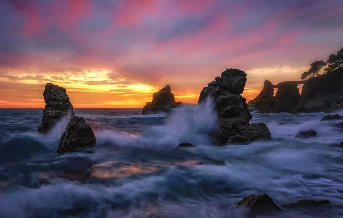 Photo wallpaper sea, wave, sunset, rocks, coast, Spain, Spain, Catalonia