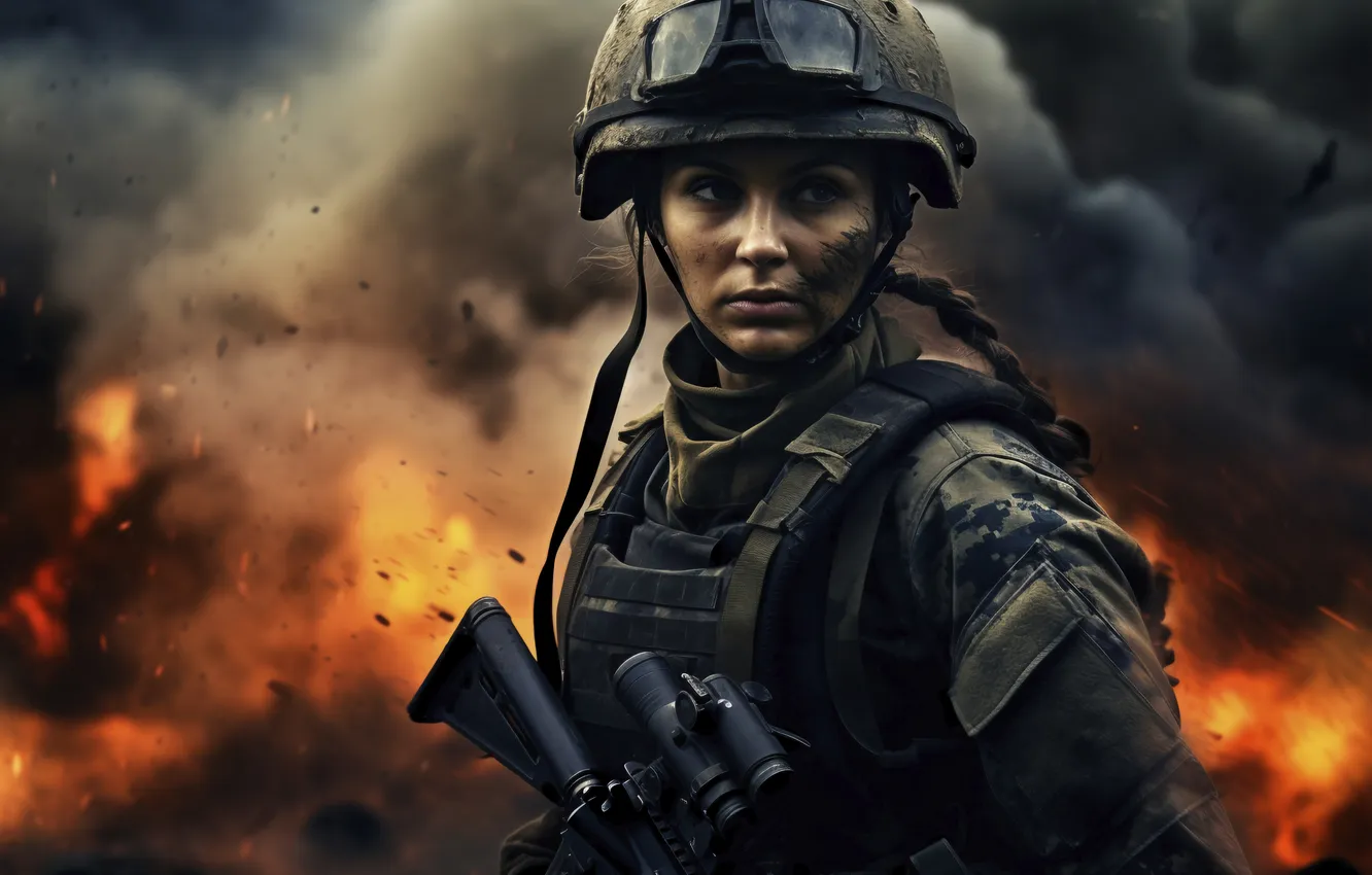 Photo wallpaper girl, smoke, glasses, soldiers, helmet, digital art, AI art, The Art of Artificial Intelligence