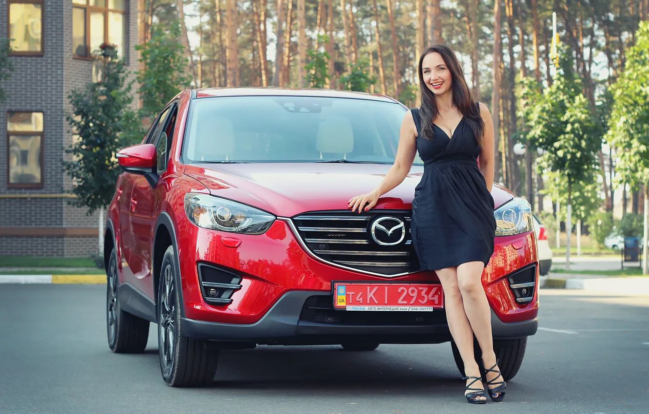 Photo wallpaper look, Girls, Mazda, beautiful girl, red car, posing on the car