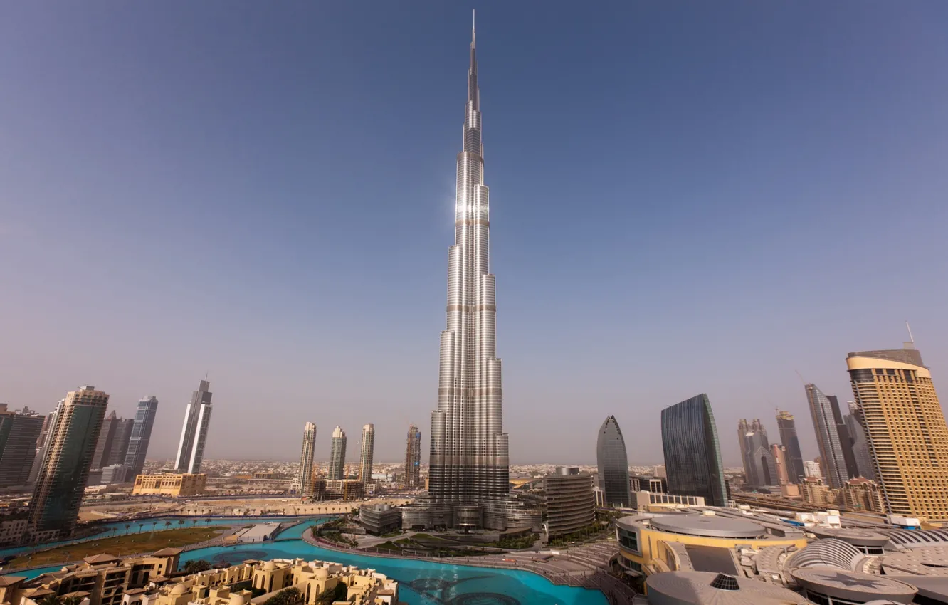 Photo wallpaper the sky, water, sunset, tower, home, skyscrapers, Dubai, Dubai