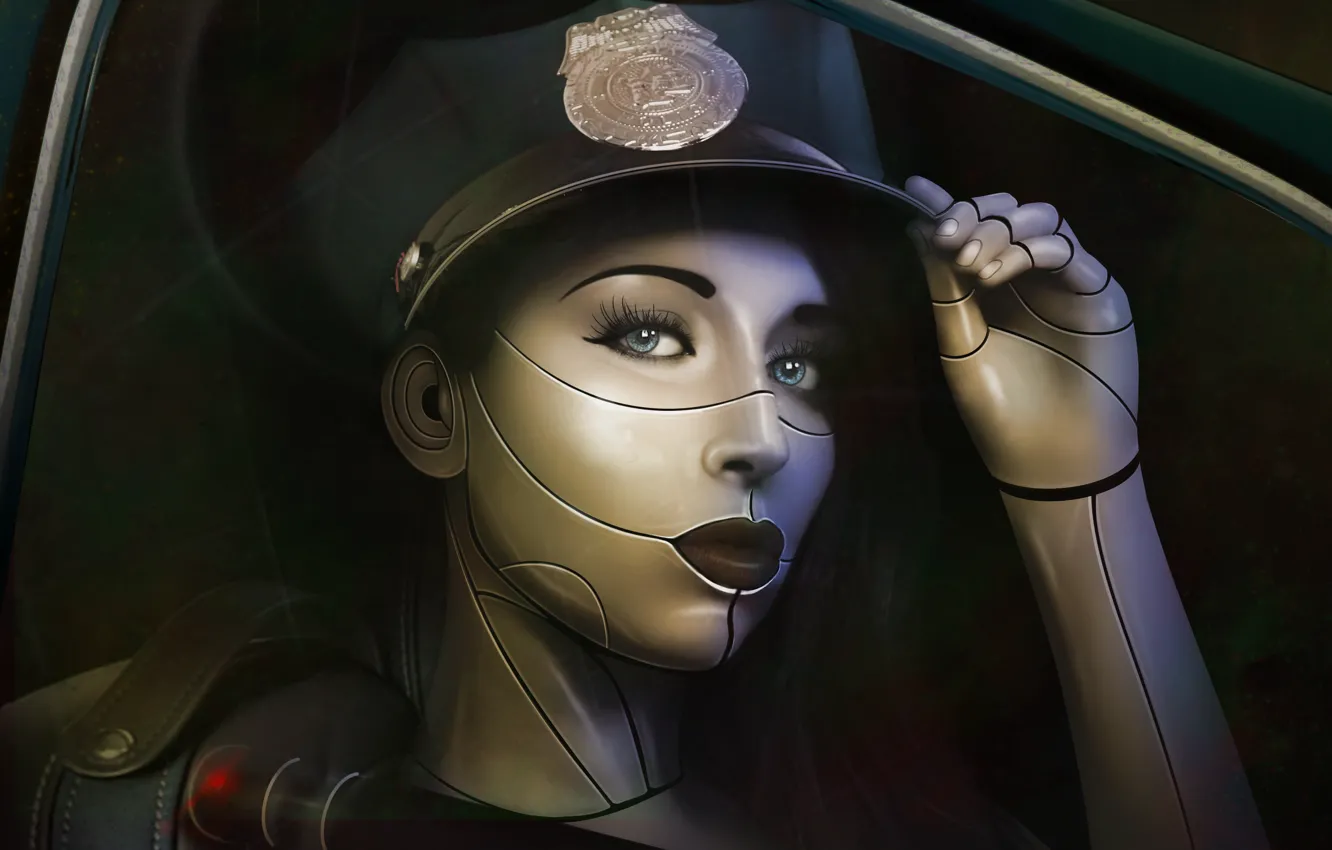 Photo wallpaper look, girl, face, eyelashes, fiction, police, art, lips