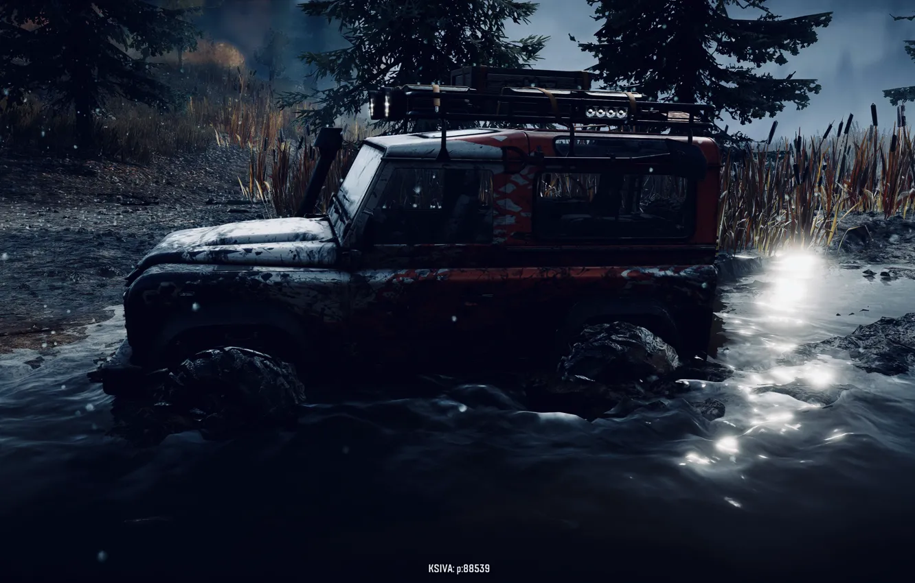 Photo wallpaper HDR, Land Rover, game, trees, water, Defender, Michigan, mud