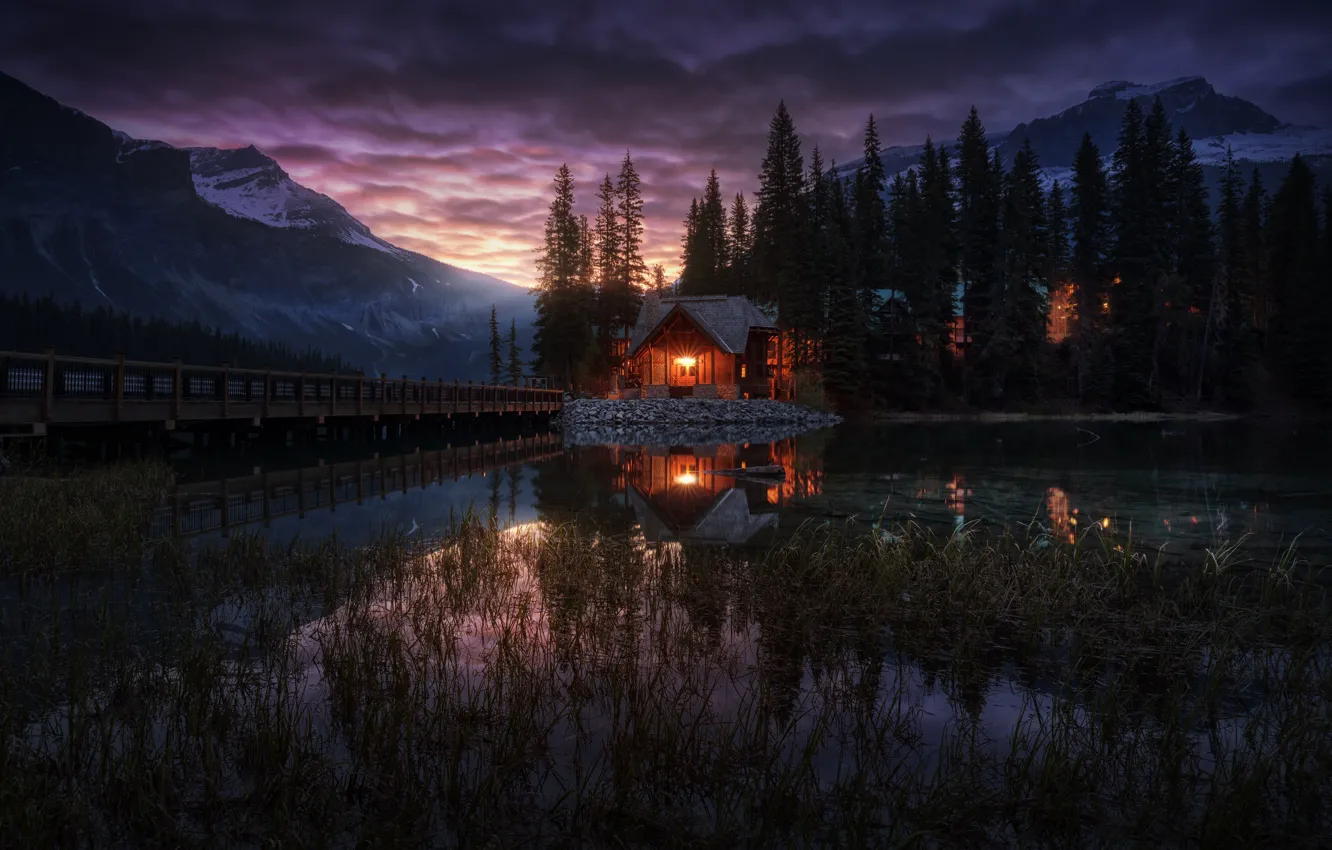 Photo wallpaper trees, mountains, lights, lake, the evening, Canada, house, British Columbia