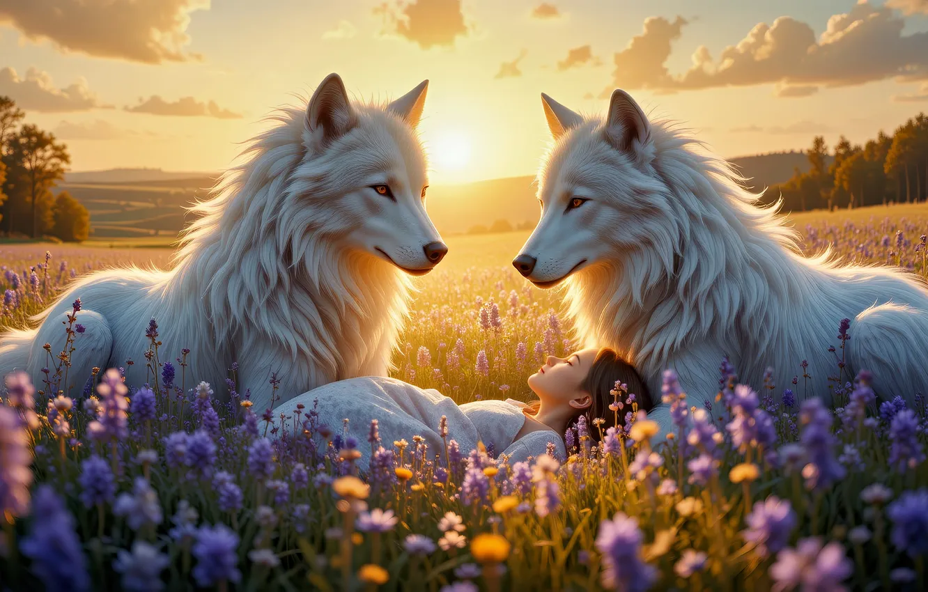 Photo wallpaper field, girl, flowers, wolf, blanket, fantasy, AI art, neural network