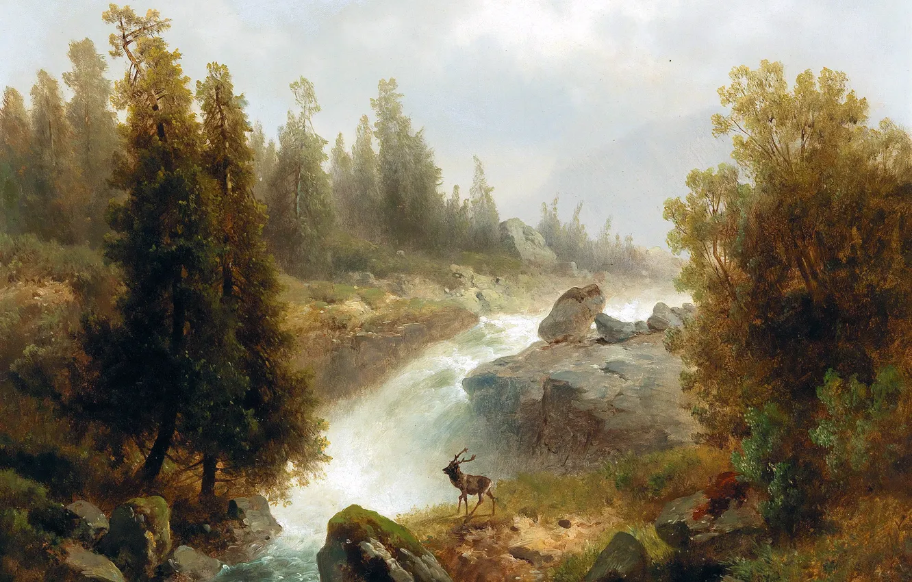 Photo wallpaper trees, waterfall, picture, deer, Austrian artist, Josef Thoma, Deer at the waterfall, Josef Toma