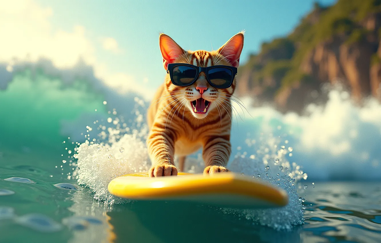 Photo wallpaper cat, water, wave, red, glasses, surfing, Board, water
