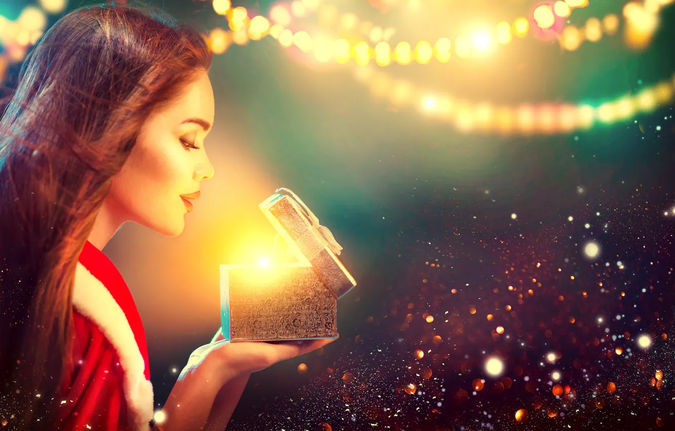 Photo wallpaper girl, lights, glare, background, holiday, gift, new year, makeup