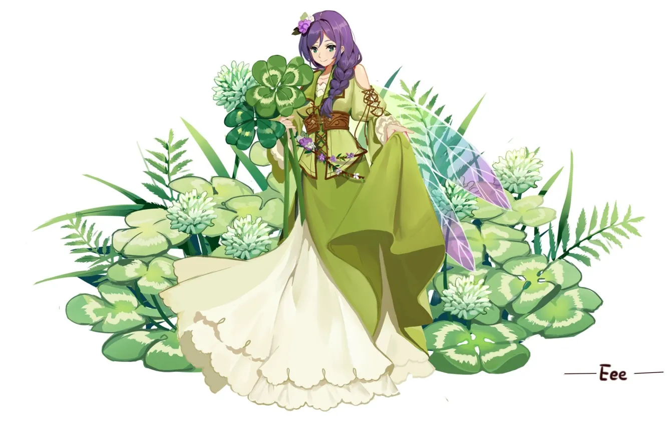 Photo wallpaper fairy, white background, clover, braid, wings, lacing, purple hair, flower in hair