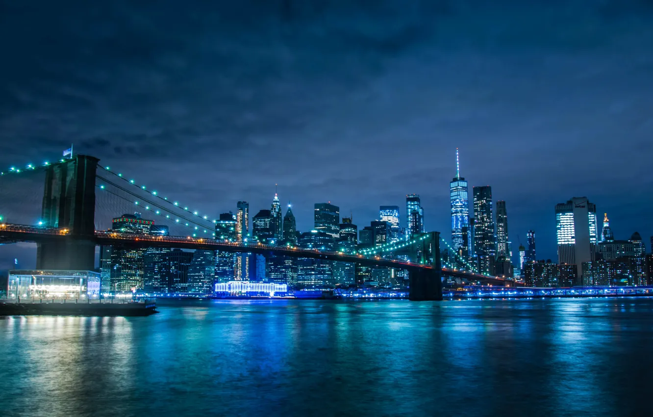 Photo wallpaper USA, night, New York, Manhattan Bridge