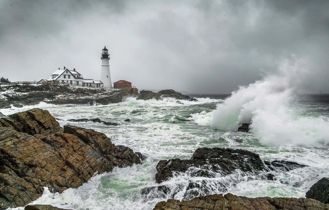 Photo wallpaper sea, wave, shore, lighthouse
