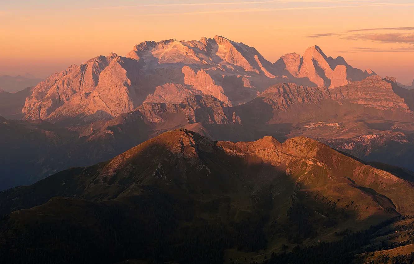 Photo wallpaper the sky, light, mountains, fog, rocks, dawn, tops, view