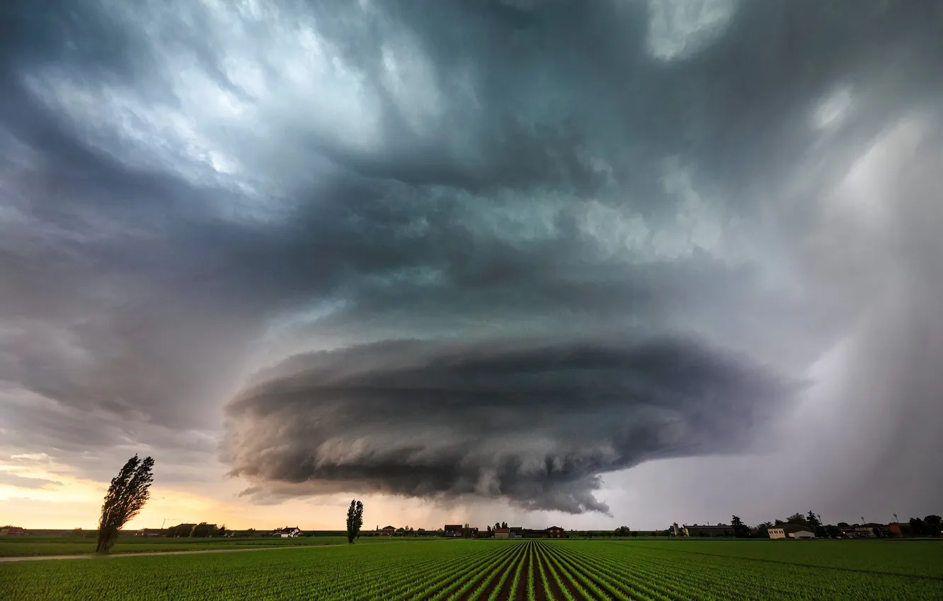 Photo wallpaper the storm, field, the sky, landscape, clouds, nature, rain, lightning