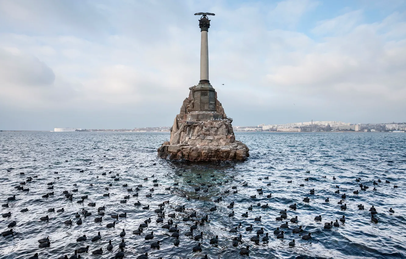 Photo wallpaper sea, bird, coast, monument, Russia, Crimea, Sevastopol, Sevastopol
