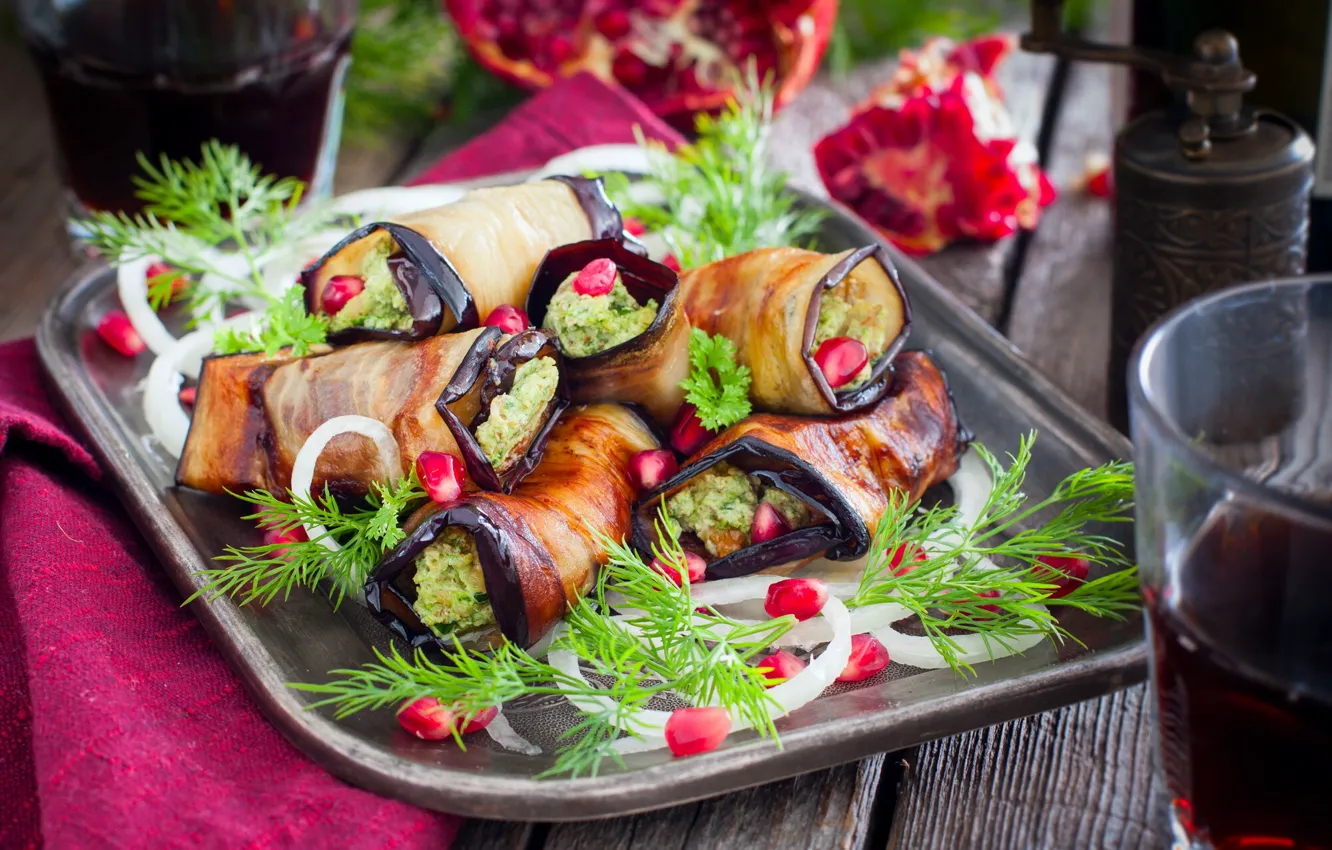 Photo wallpaper dill, eggplant, garnet, appetizer, rolls