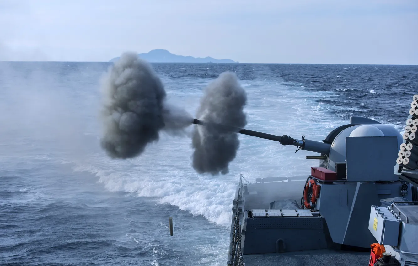 Photo wallpaper ship, shooting, artillery